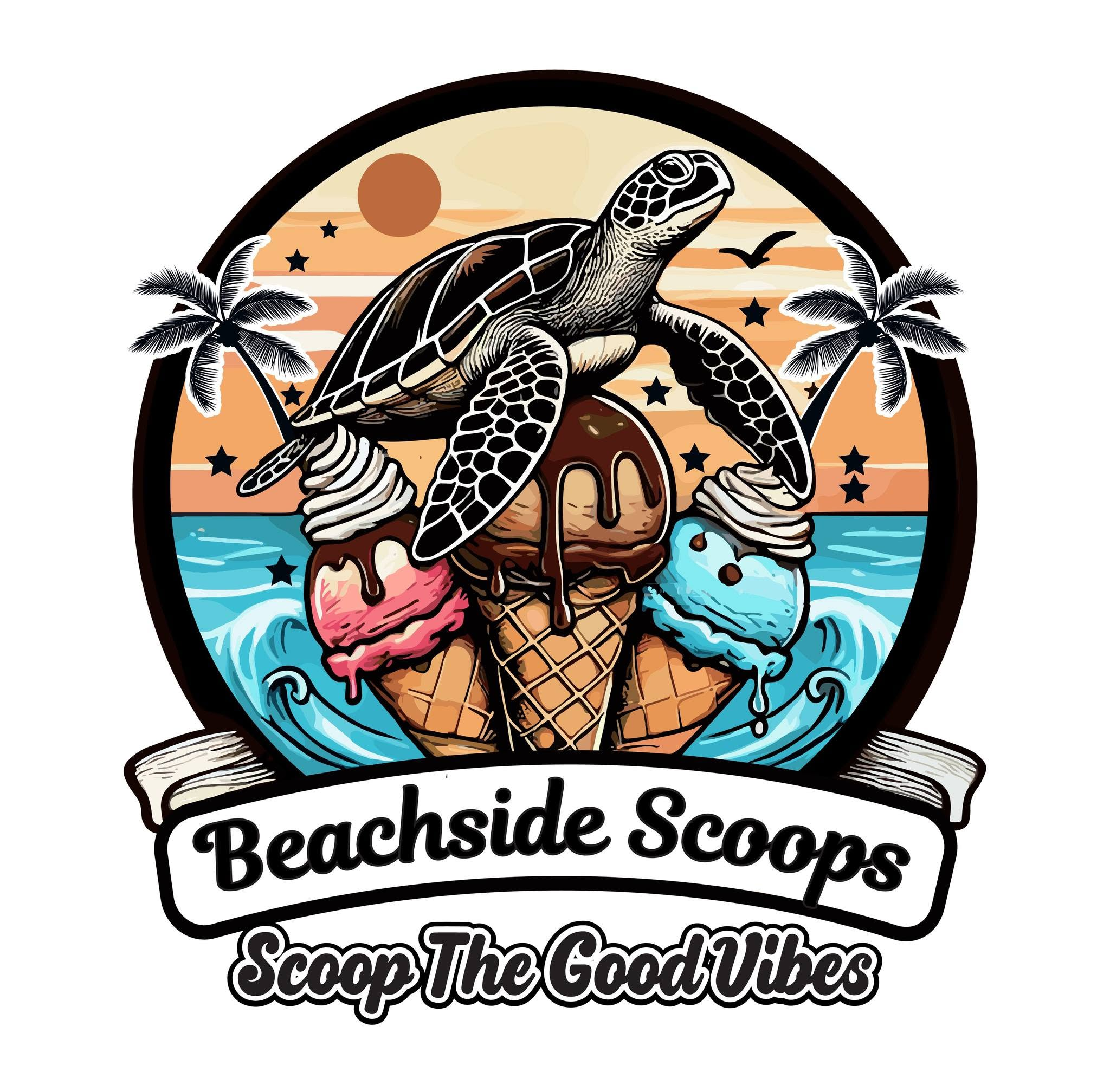 Beachside Scoops logo: a sea turtle riding a triple-scoop cone